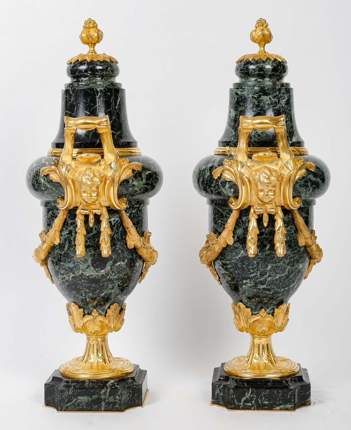 French Pair of 19th Century Gilt Bronze and Marble Cassolettes.