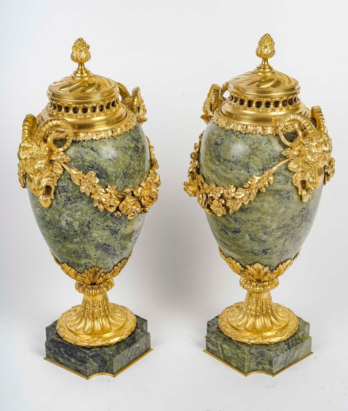Napoleon III Pair of 19th Century Gilt Bronze and Marble Incense Burners.