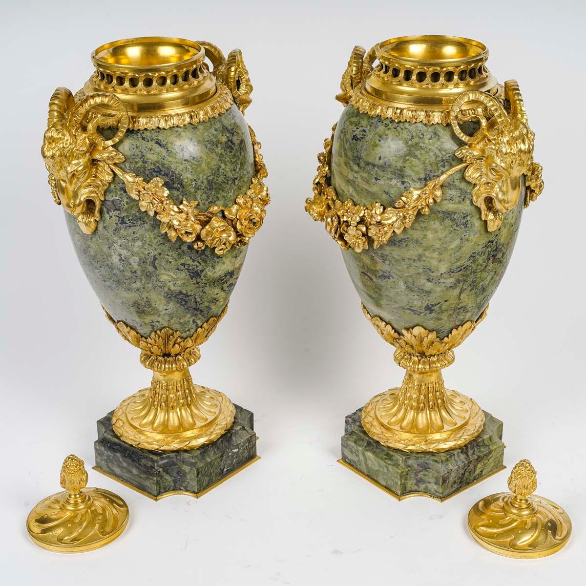 French Pair of 19th Century Gilt Bronze and Marble Incense Burners.