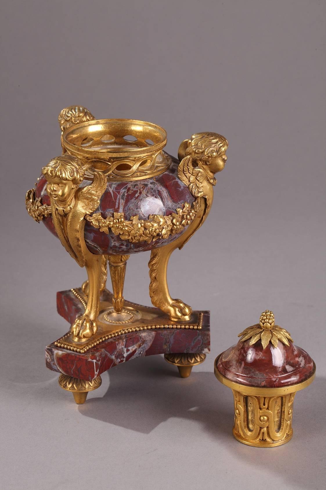 French Pair of 19th Century Gilt Bronze and Marble Incense Burners
