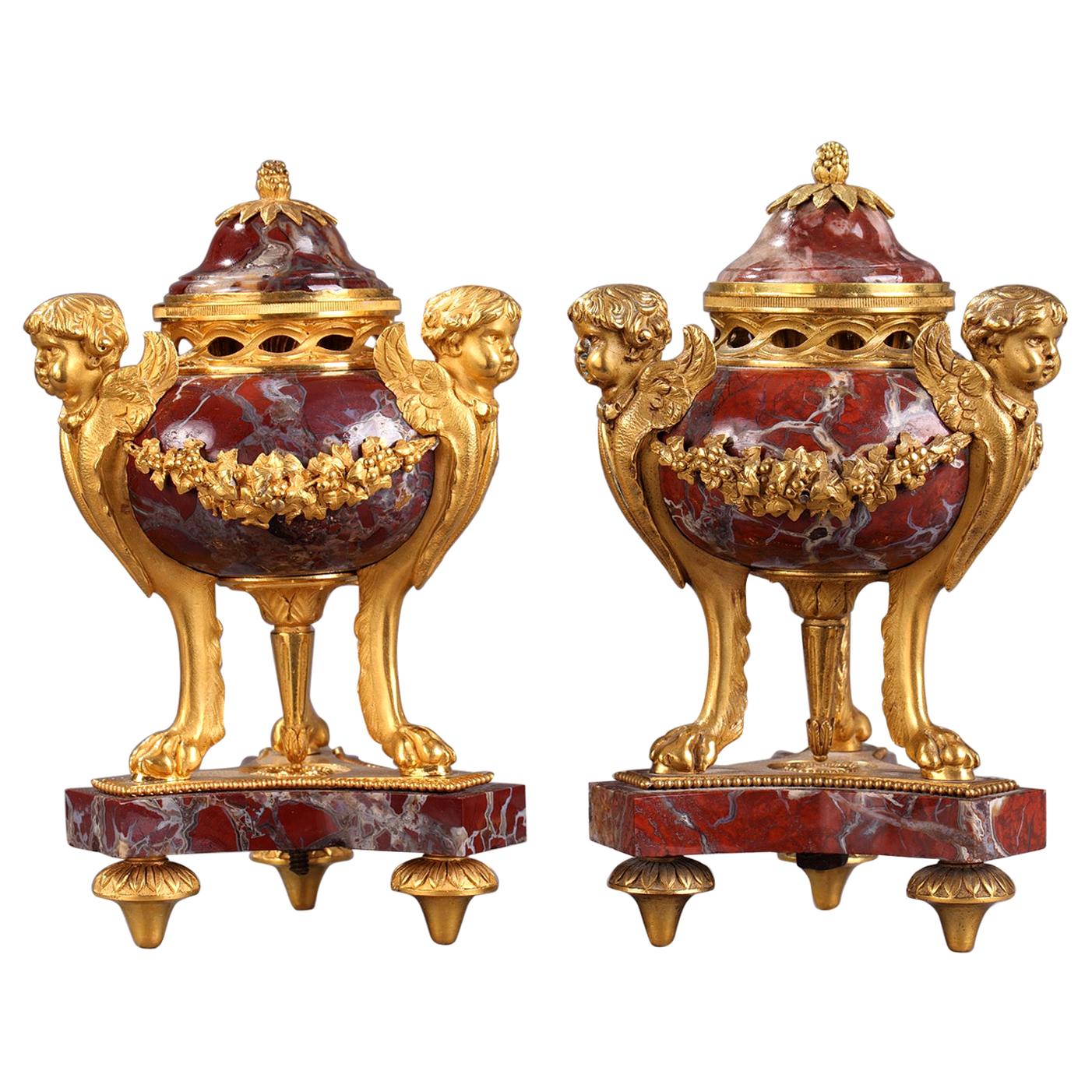 Pair of 19th Century Gilt Bronze and Marble Incense Burners