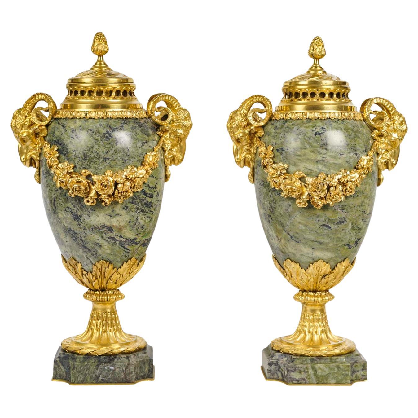 Pair of 19th Century Gilt Bronze and Marble Incense Burners.