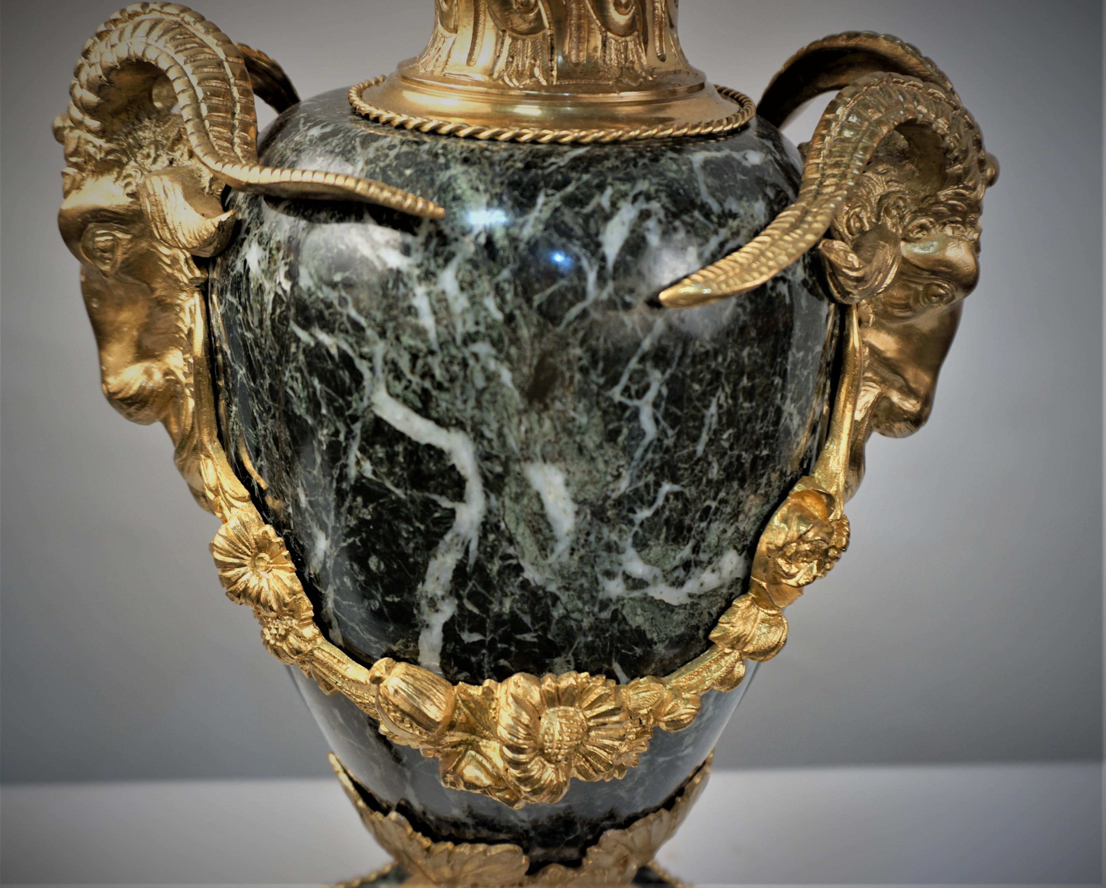 French Pair of 19th Century Gilt Bronze and Marble Urn Table Lamps For Sale