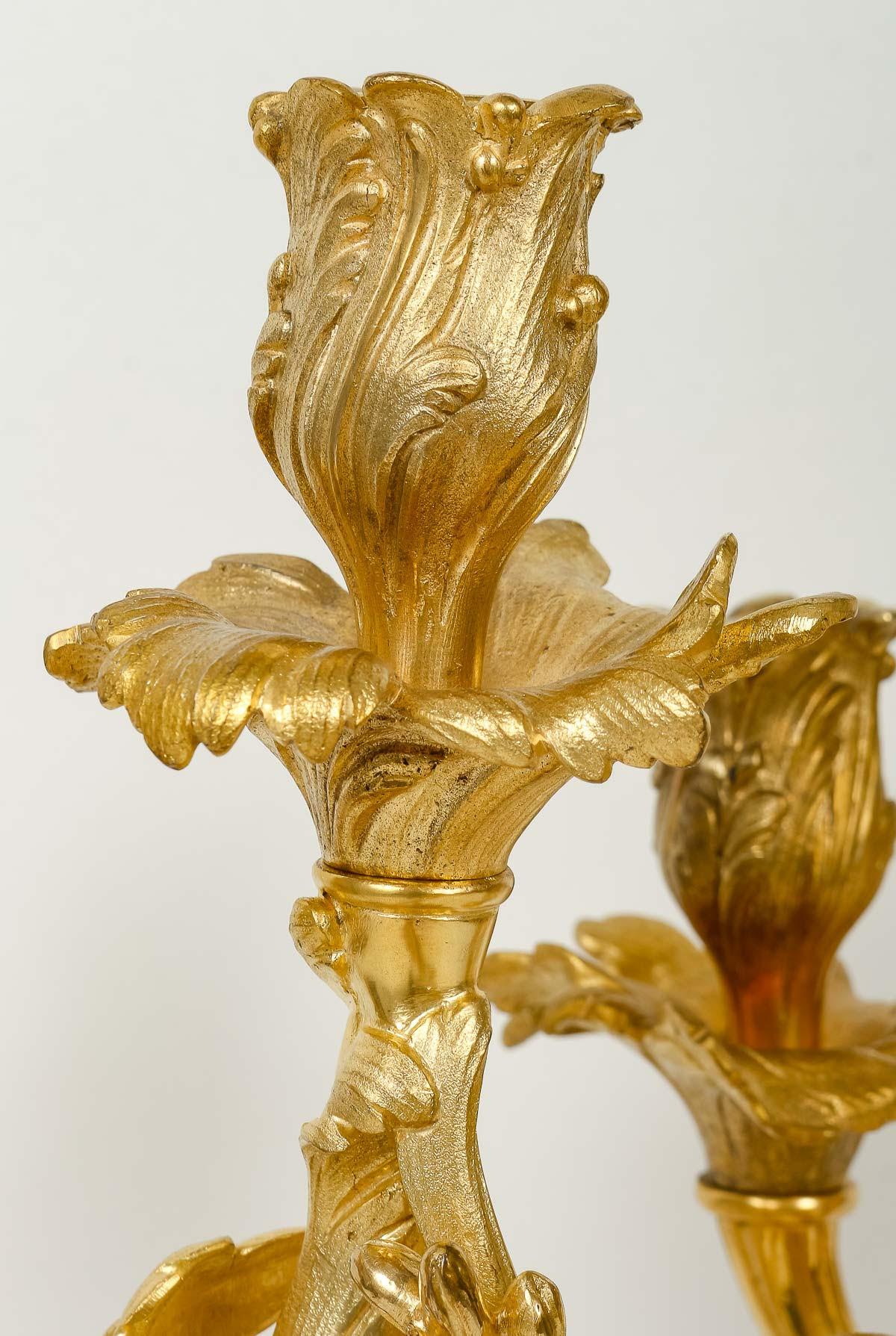 Paar vergoldete Bronzekronleuchter aus dem 19. (Louis XV.) im Angebot