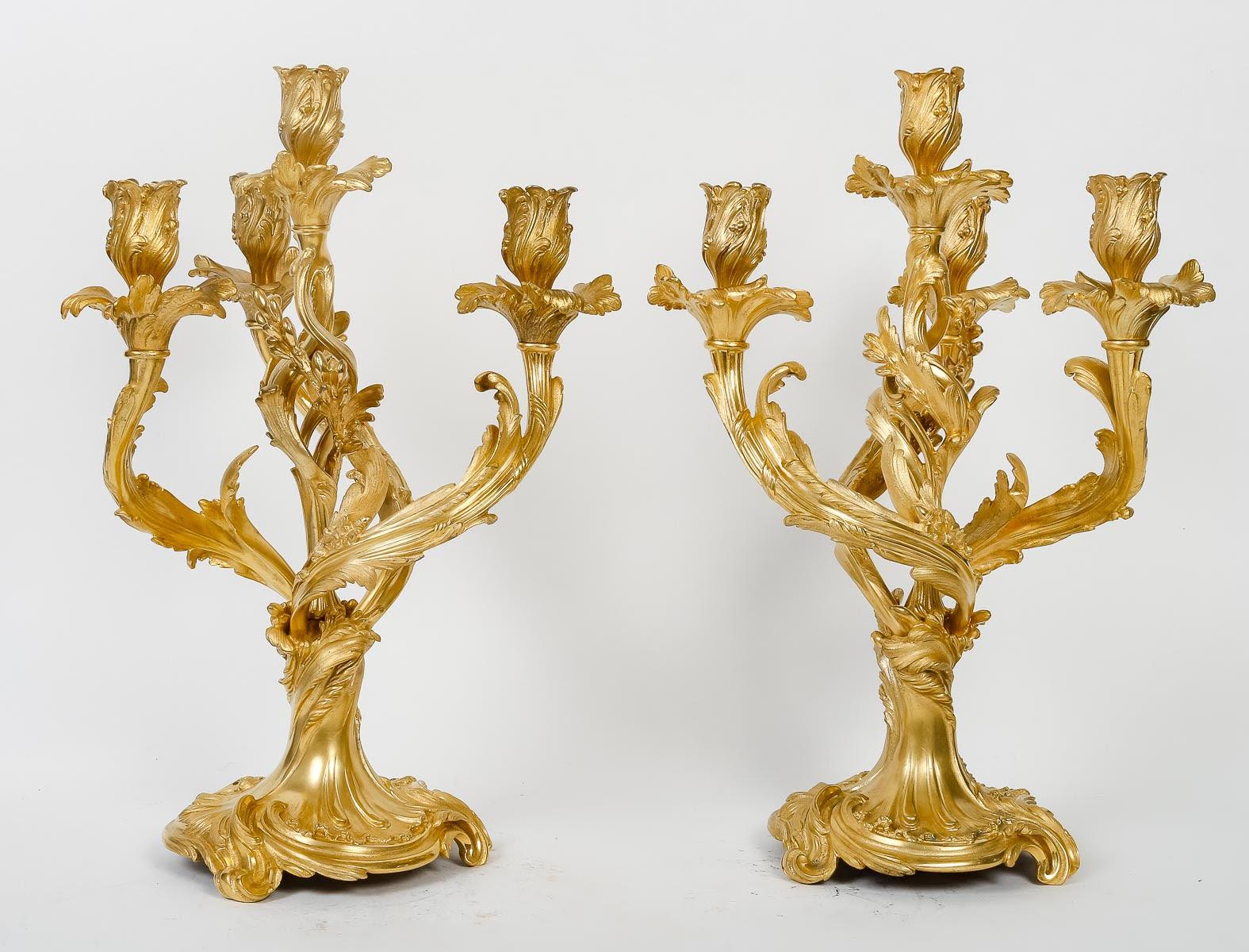 French Pair of 19th Century Gilt Bronze Candelabra. For Sale