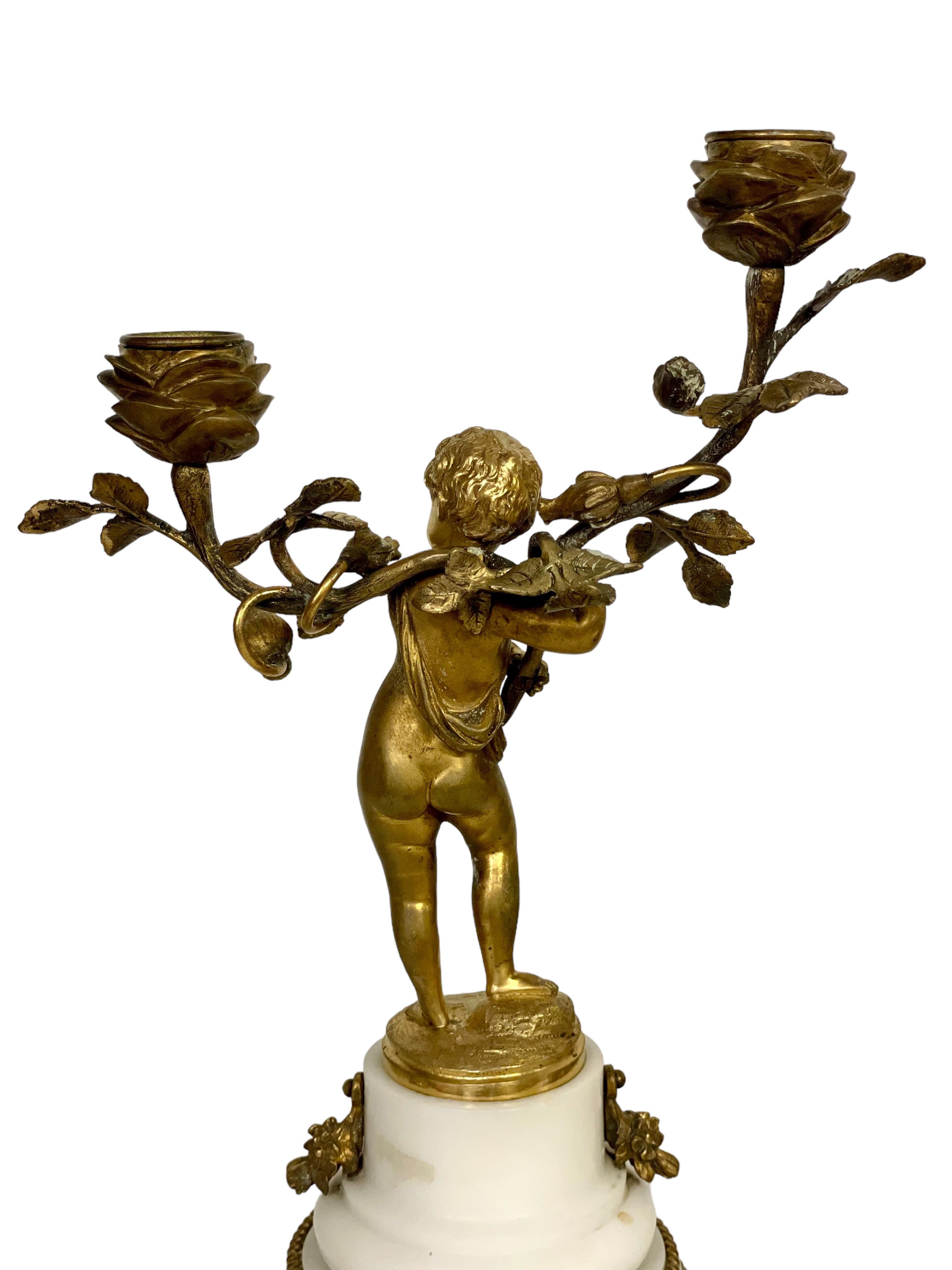 19th Century Pair of Gilt Bronze Cherubs Candelabra on White Marble Stands For Sale 7