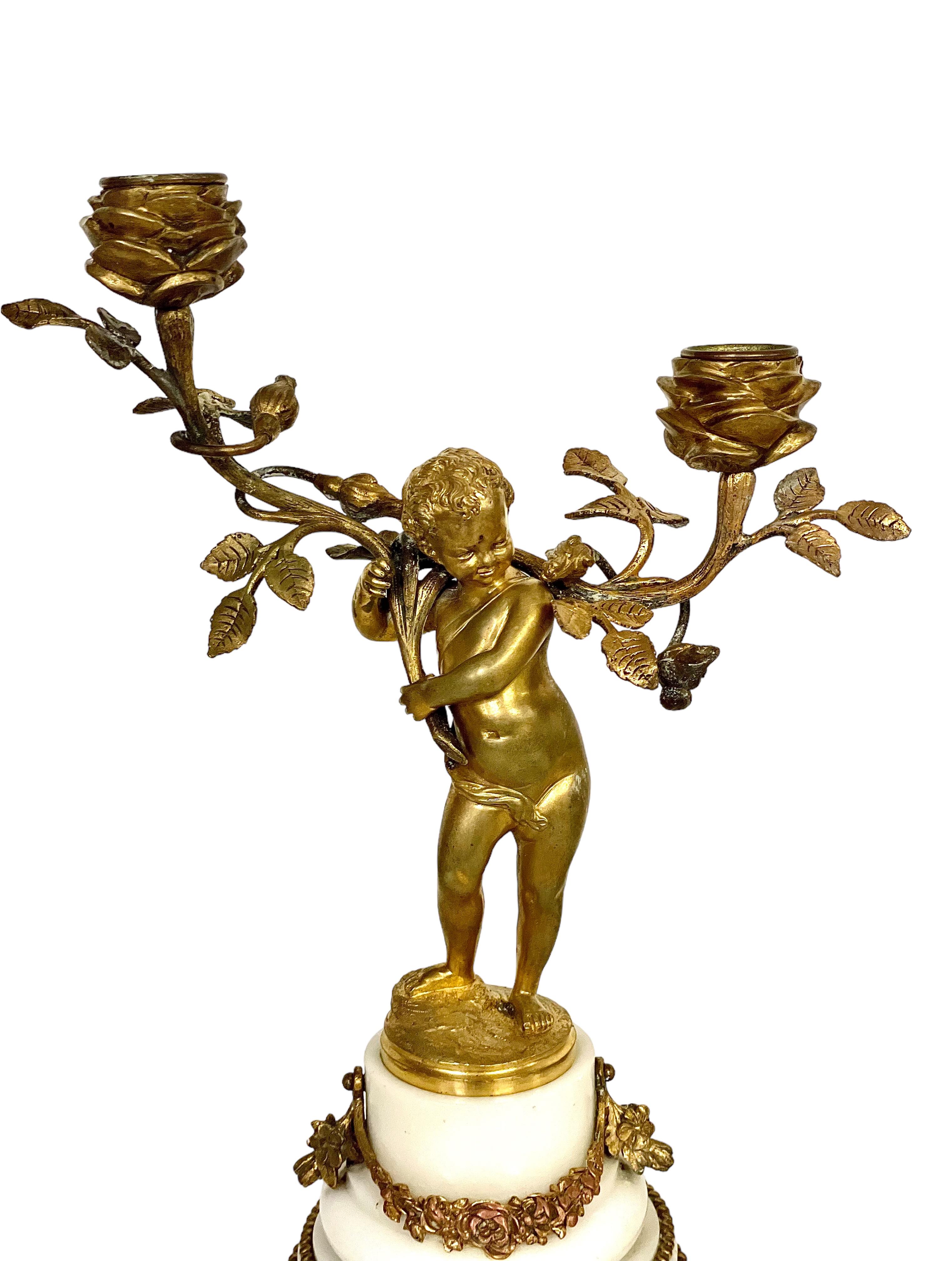 19th Century Pair of Gilt Bronze Cherubs Candelabra on White Marble Stands For Sale 8