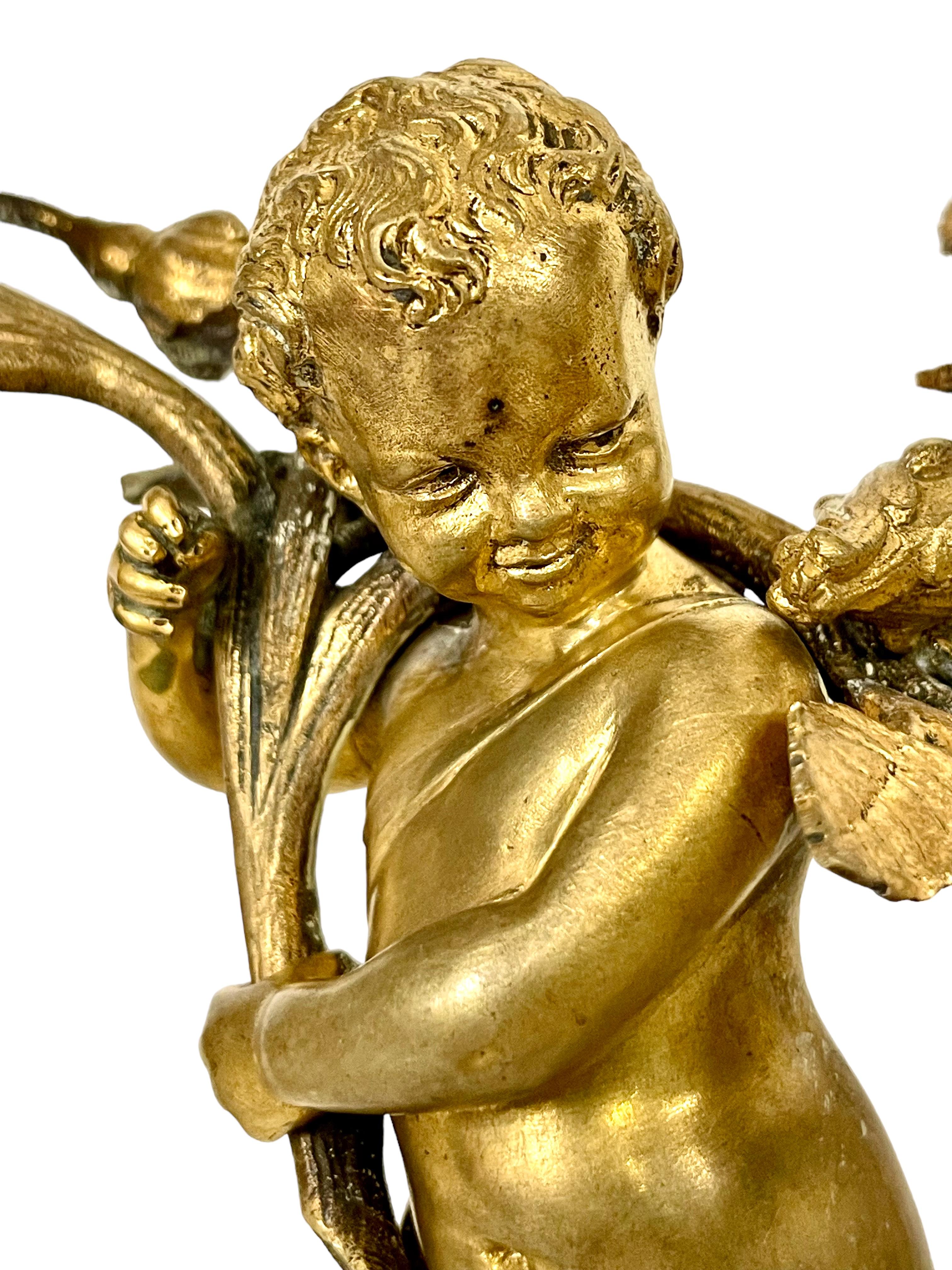 Louis XVI 19th Century Pair of Gilt Bronze Cherubs Candelabra with Marble Stands For Sale