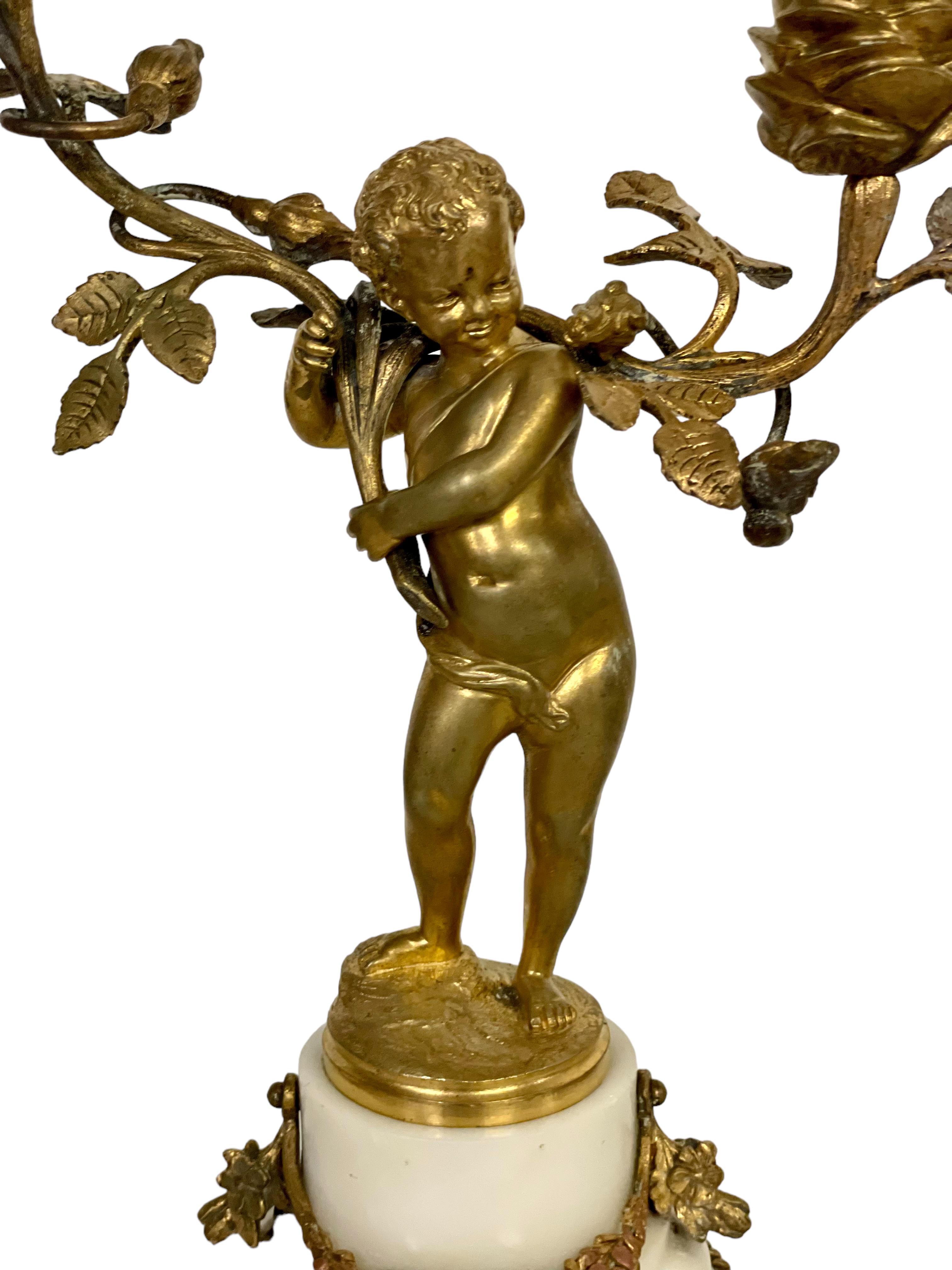 19th Century Pair of Gilt Bronze Cherubs Candelabra on White Marble Stands For Sale 4