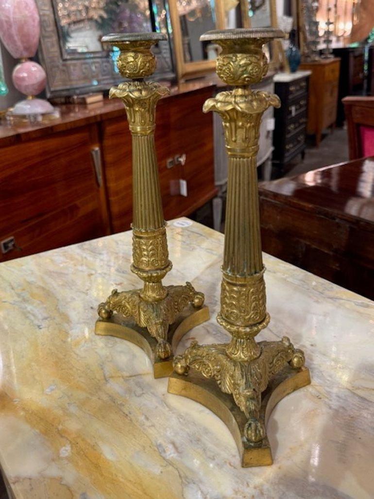 Raffinata coppia di candelabri in bronzo dorato dell'impero francese del XIX secolo. Stai esplorando una categoria davvero regale: i candelabri in bronzo dorato dell'Eleg sono l'epitome dell'eleganza neoclassica dell'inizio del XIX secolo. Questi