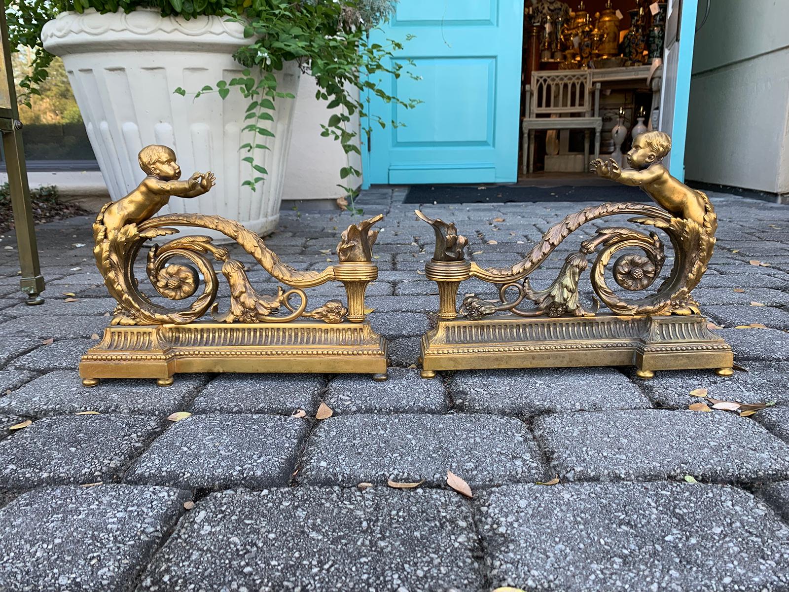 Pair of 19th Century Gilt Bronze Chenets by Bouhon, Signed In Good Condition For Sale In Atlanta, GA