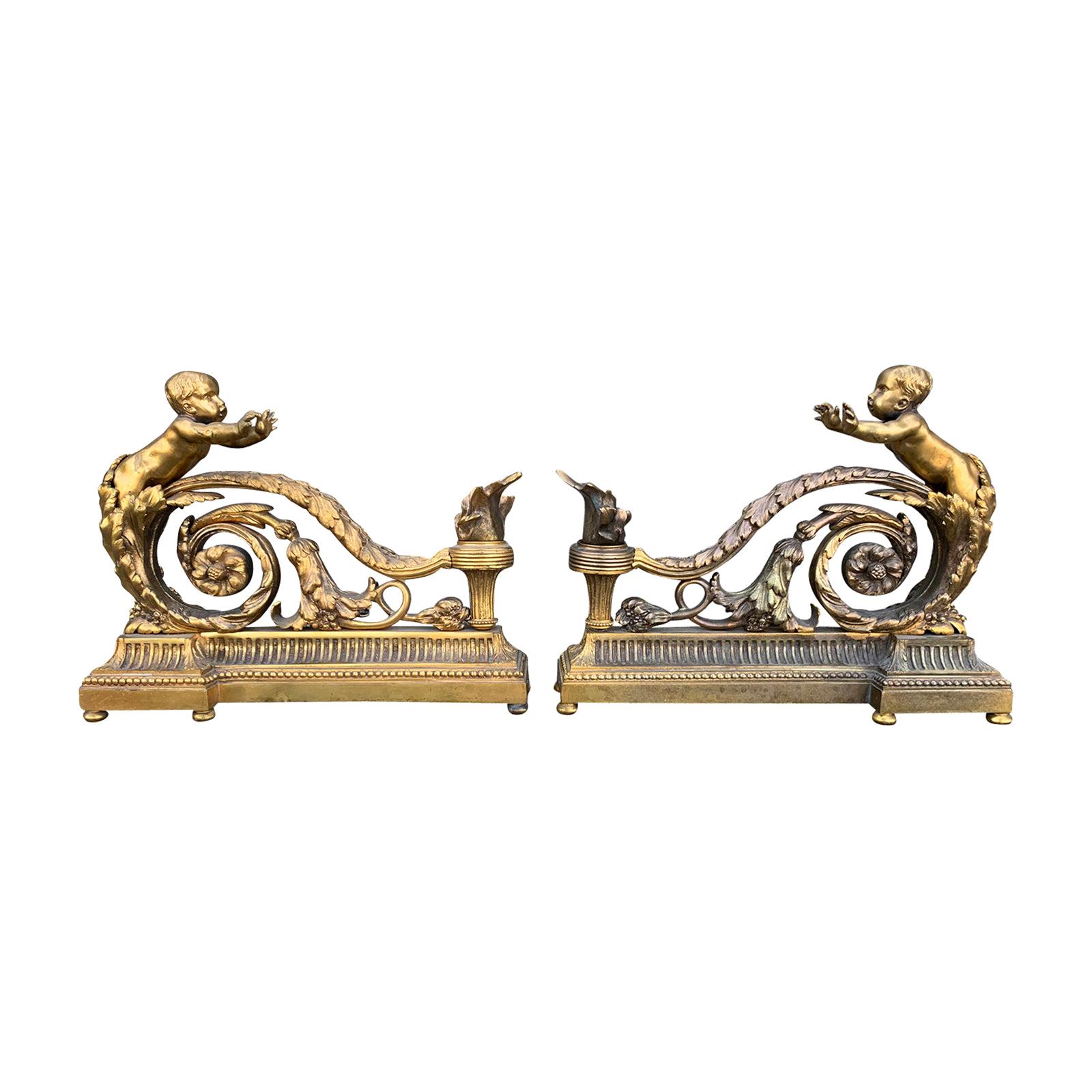 Pair of 19th Century Gilt Bronze Chenets by Bouhon, Signed For Sale