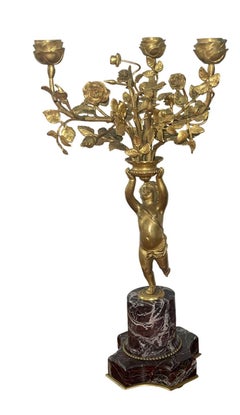 Pair of 19th Century Gilt Bronze Figural Putti Candelabras on Marble Base