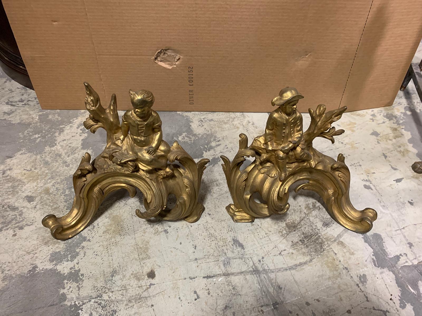 Pair of 19th Century Gilt Bronze Fireplace Chenets with Figures For Sale 8