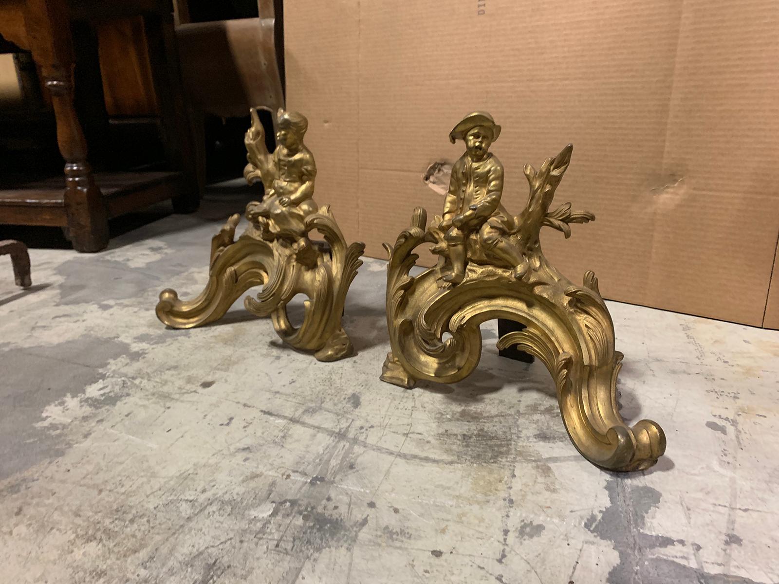 Pair of 19th Century Gilt Bronze Fireplace Chenets with Figures In Good Condition For Sale In Atlanta, GA