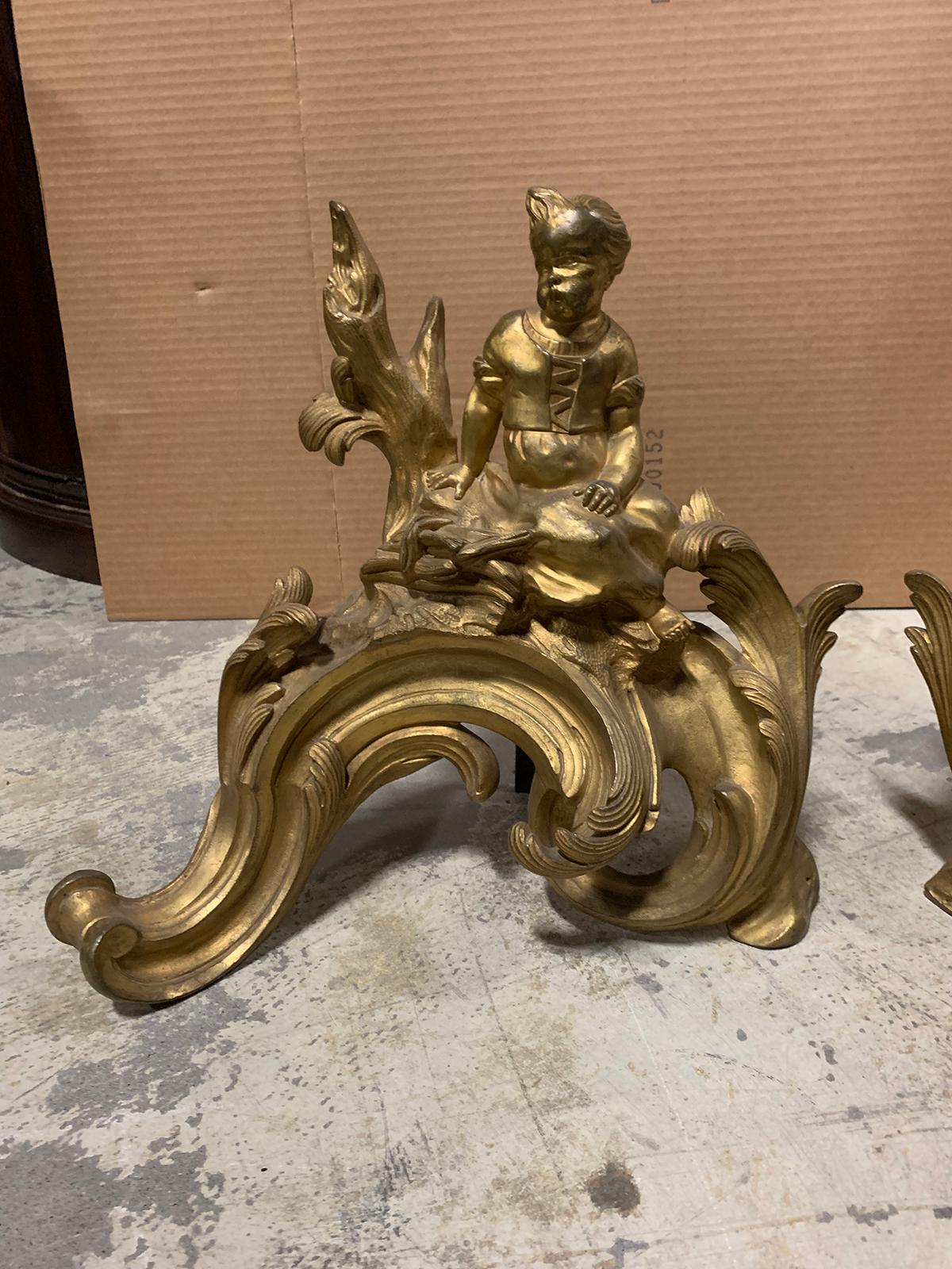 Pair of 19th Century Gilt Bronze Fireplace Chenets with Figures For Sale 1
