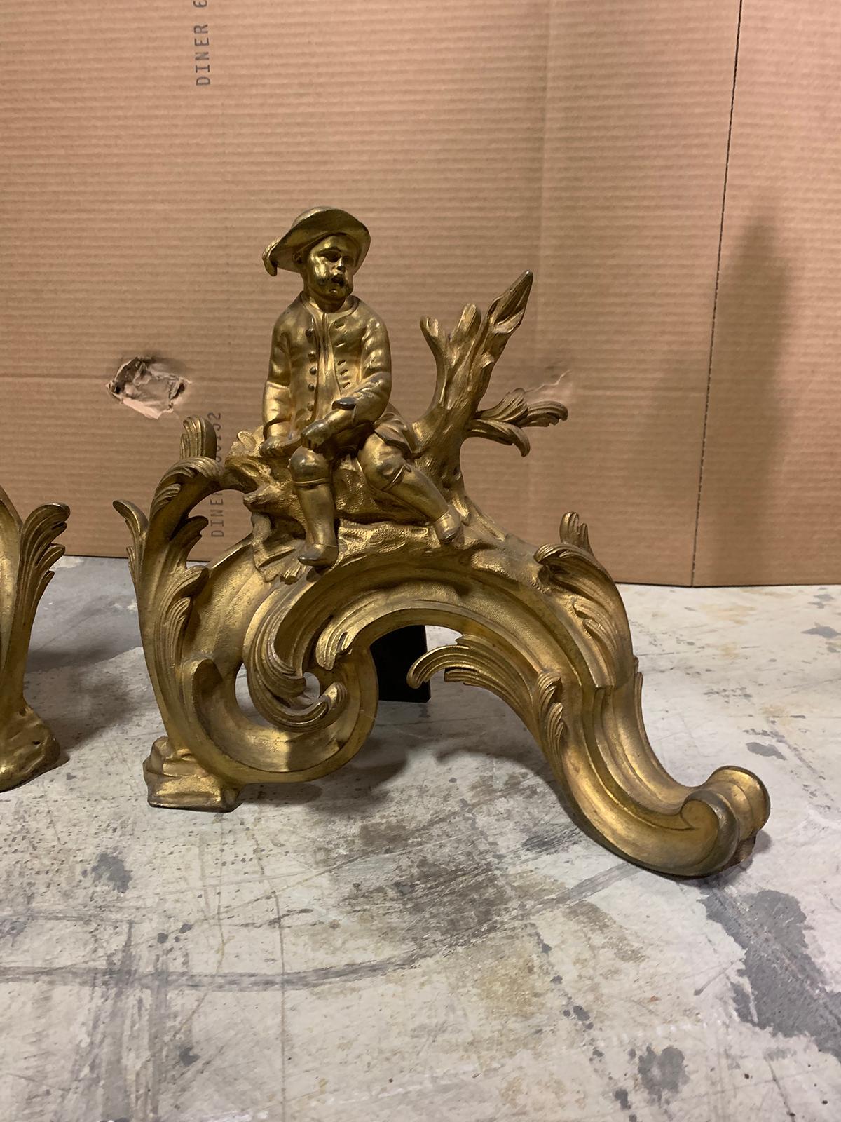 Pair of 19th Century Gilt Bronze Fireplace Chenets with Figures For Sale 2