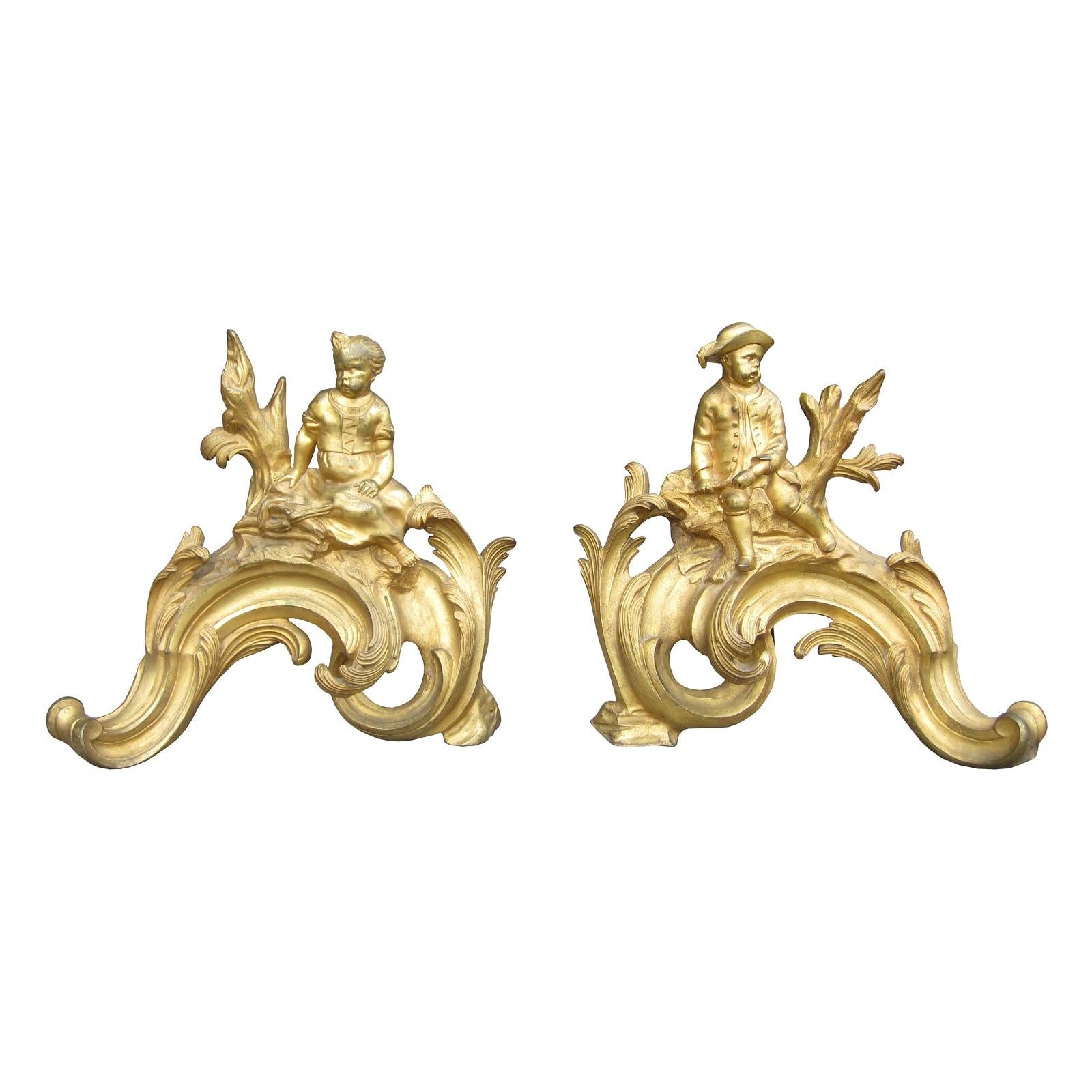 Pair of 19th Century Gilt Bronze Fireplace Chenets with Figures For Sale