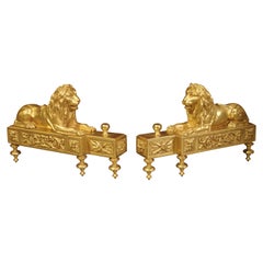 Pair of 19th Century Gilt Bronze Lion Couchant Fireplace Chenets from France