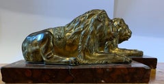 Pair of 19th Century Gilt Bronze Lions Lying on Marble Bases Paperweight Size