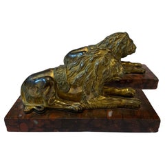 Pair of 19th Century Gilt Bronze Lions Lying on Marble Bases Paperweight Size