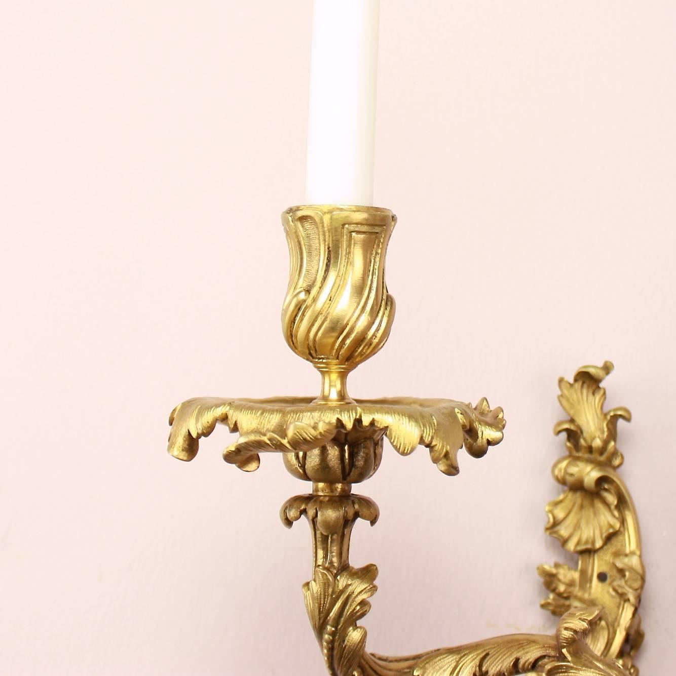 A pair of beautiful Louis XV style gilt bronze two-light wall-lights, each of asymmetrical Rococo outline, the highly ornate scrolling acanthus wrapped backplate with flower heads, oak leaves and acorns issuing two scrolling branches cast with