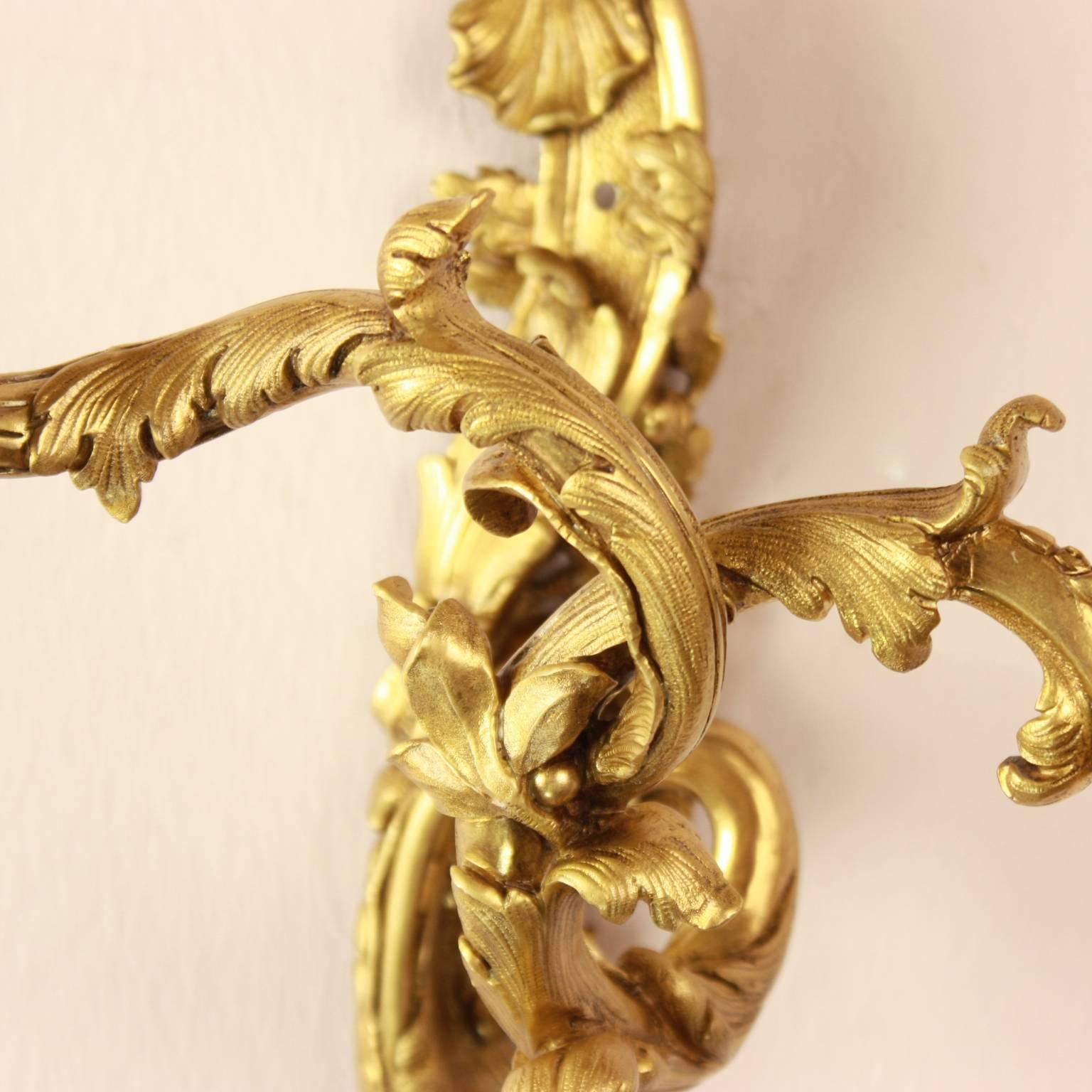 French Pair of 19th Century Gilt-Bronze Louis XV Style Wall Lights