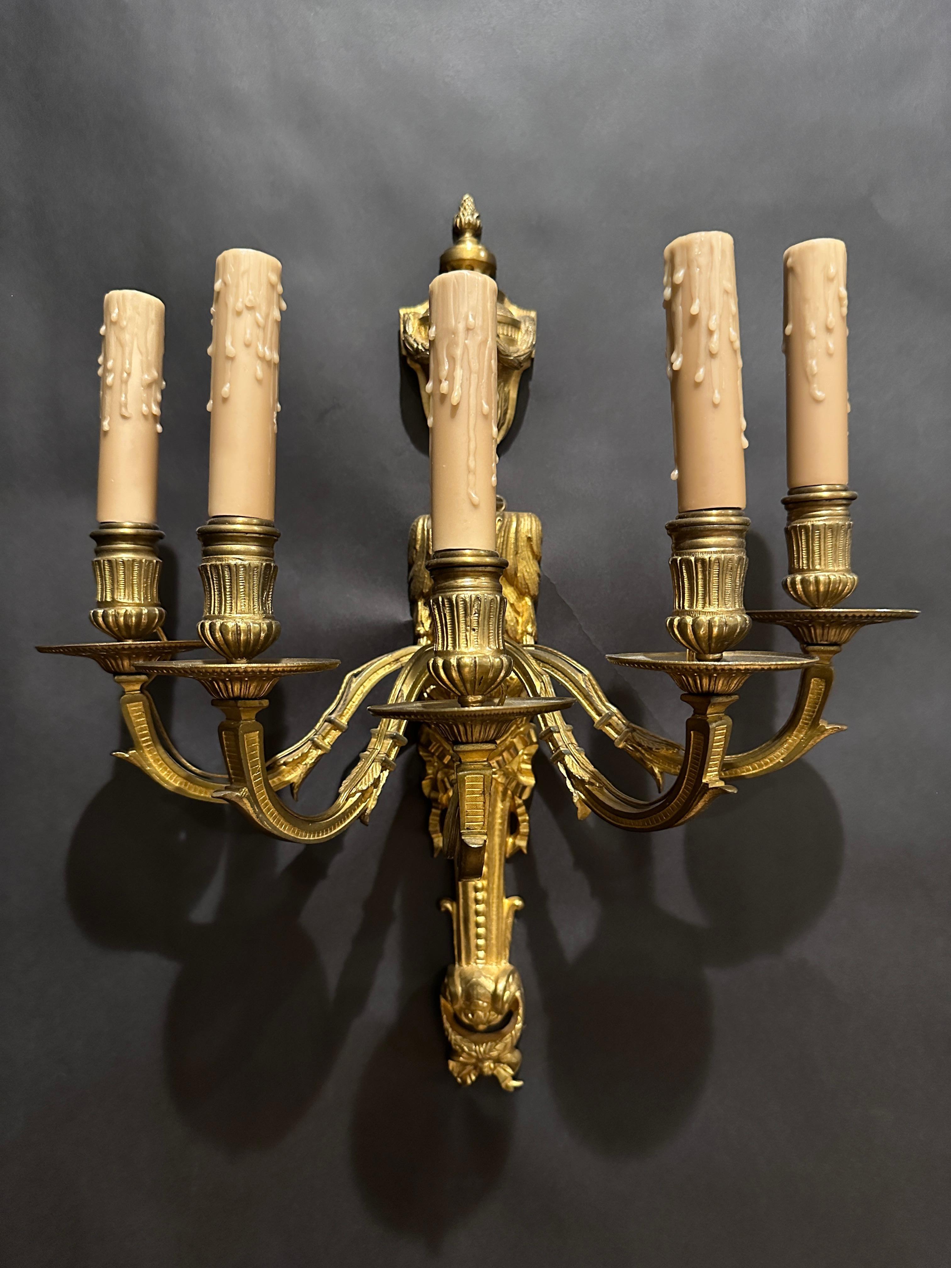 French Pair Of 19th Century Gilt Bronze Louis XVI Wall Sconces For Sale