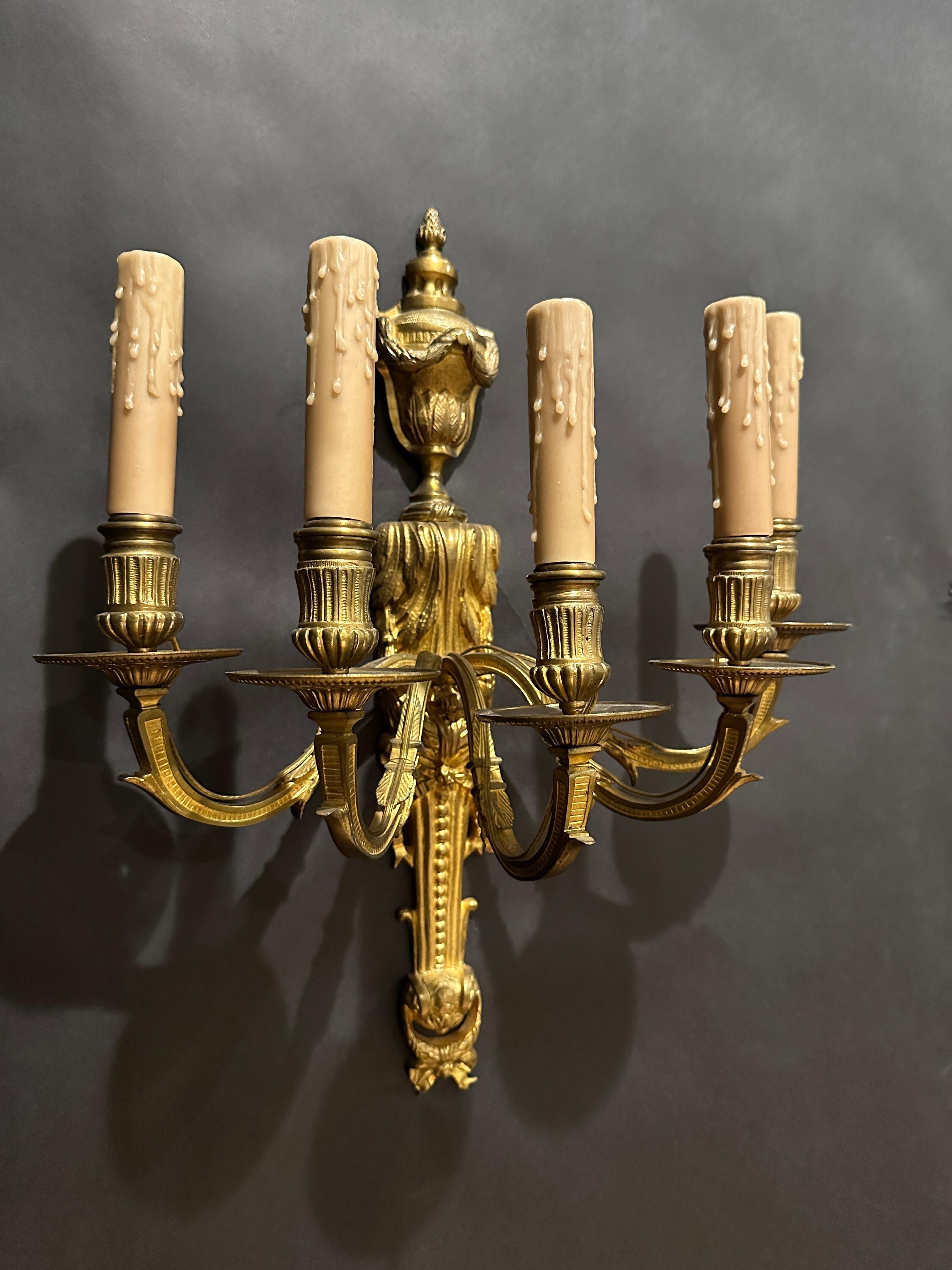 Pair Of 19th Century Gilt Bronze Louis XVI Wall Sconces In Good Condition For Sale In Norwood, NJ