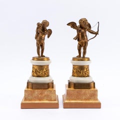 Pair of 19th Century Gilt Bronze & Marble Cherubs on Bases