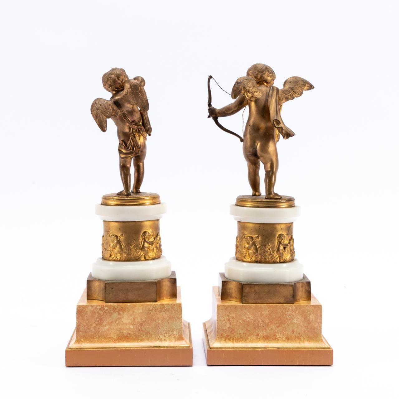 French Pair of 19th Century Gilt Bronze & Marble Cherubs on Bases For Sale