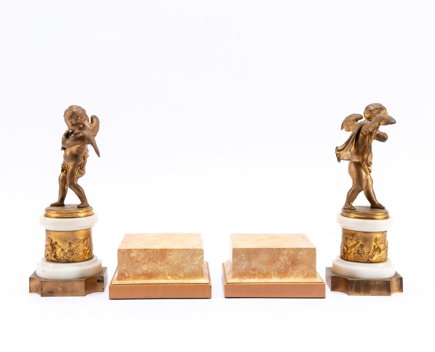 Pair of 19th Century Gilt Bronze & Marble Cherubs on Bases For Sale 1