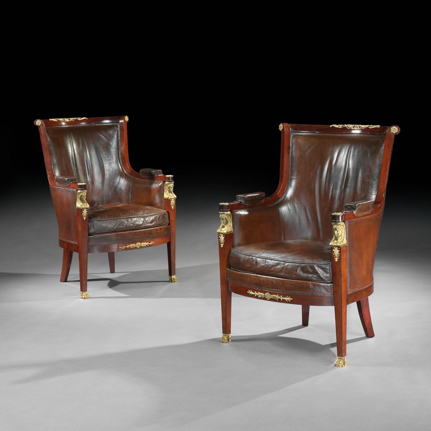 French Pair of 19th Century Gilt Bronze-Mounted Moroccan Leathered Armchairs For Sale