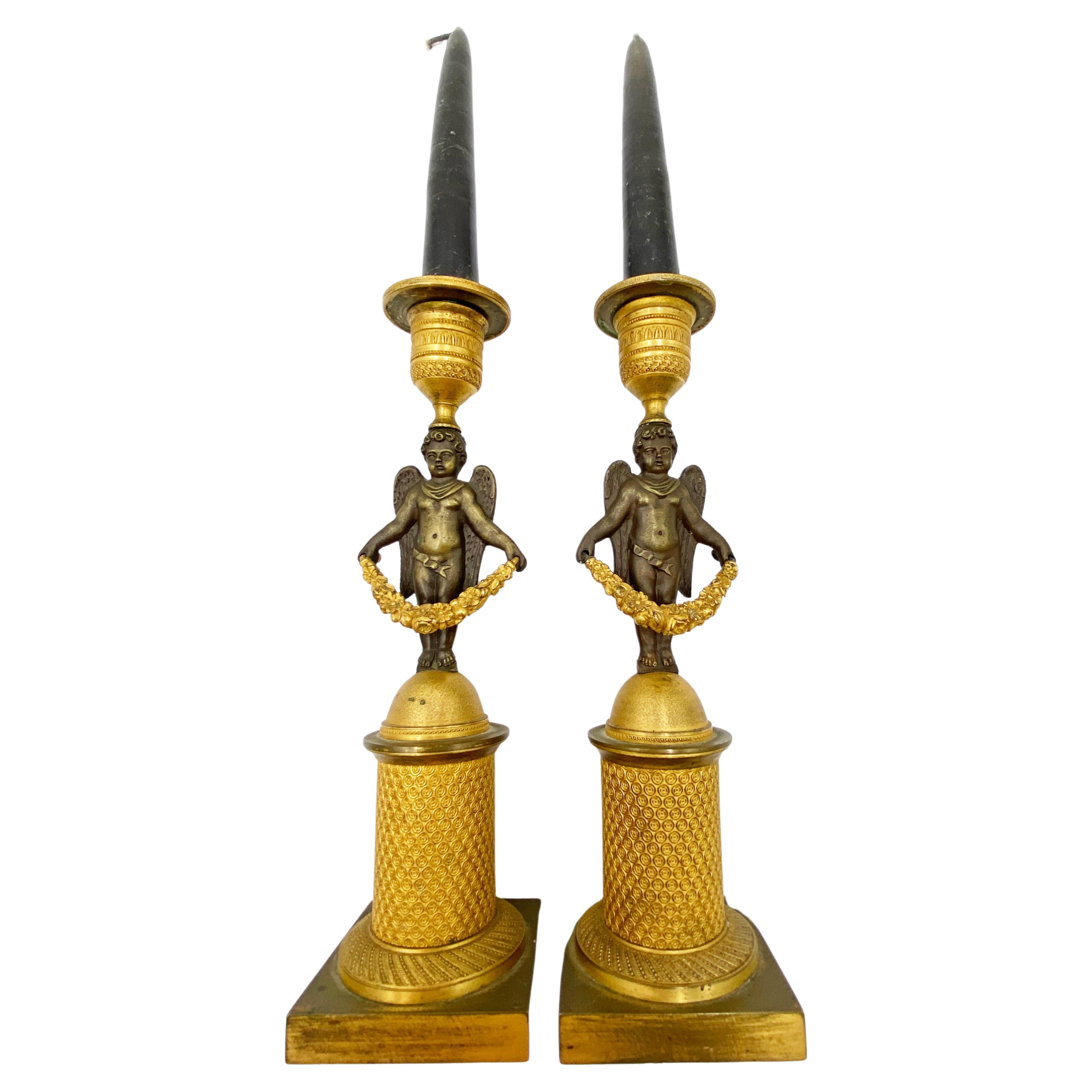 Pair of French Gilt Bronze Candlesticks Gothic Style, End 19th Century