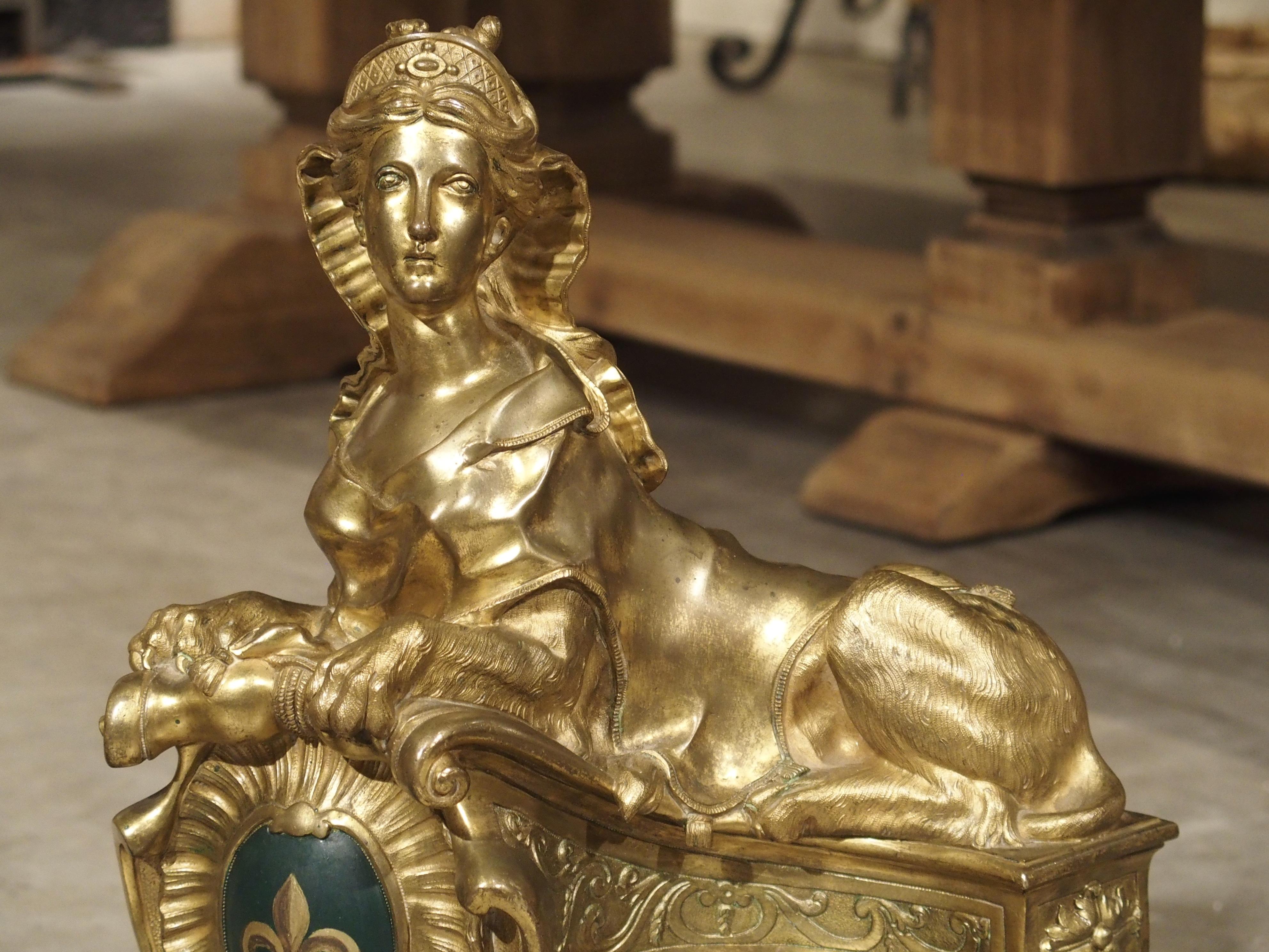 Pair of 19th Century Gilt Bronze Sphinx Chenets with Fleur de Lys Cartouche In Good Condition In Dallas, TX