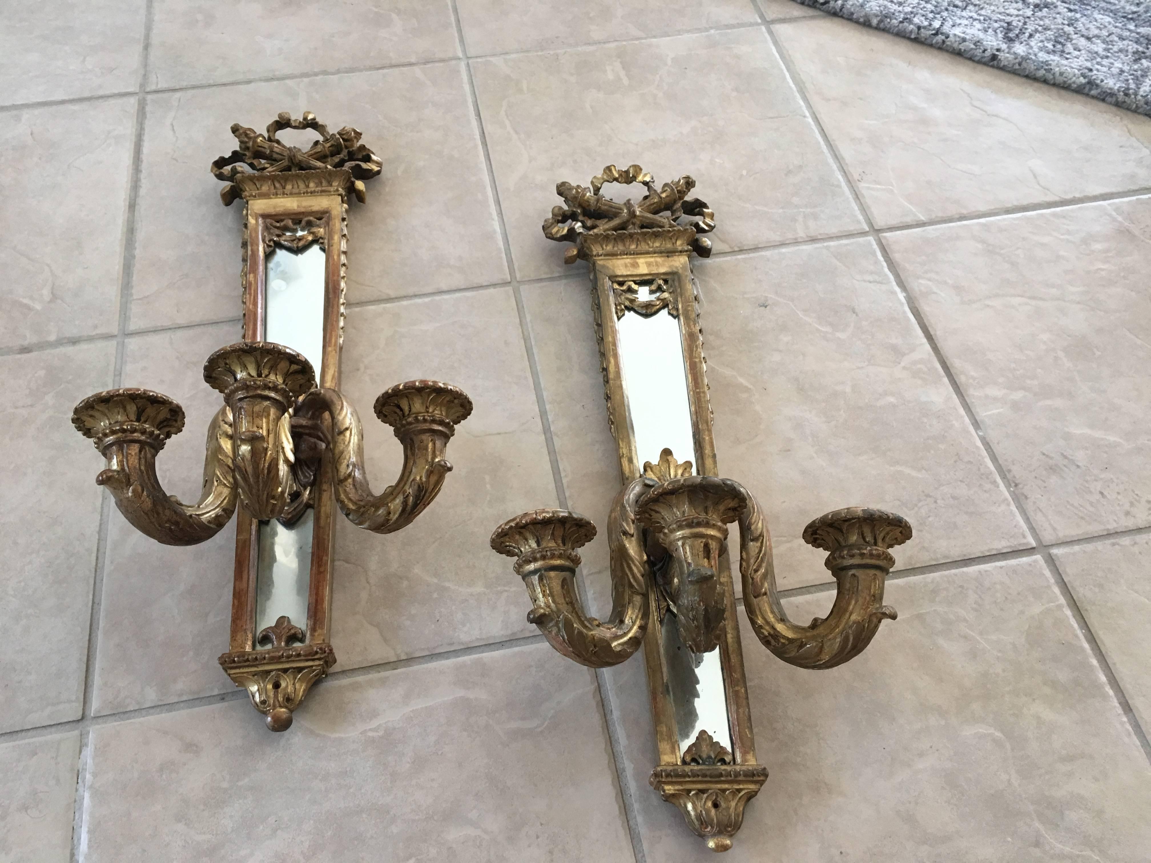 Pair of 19th Century Gilt Louis XVI Candle Mirrored Sconces 9