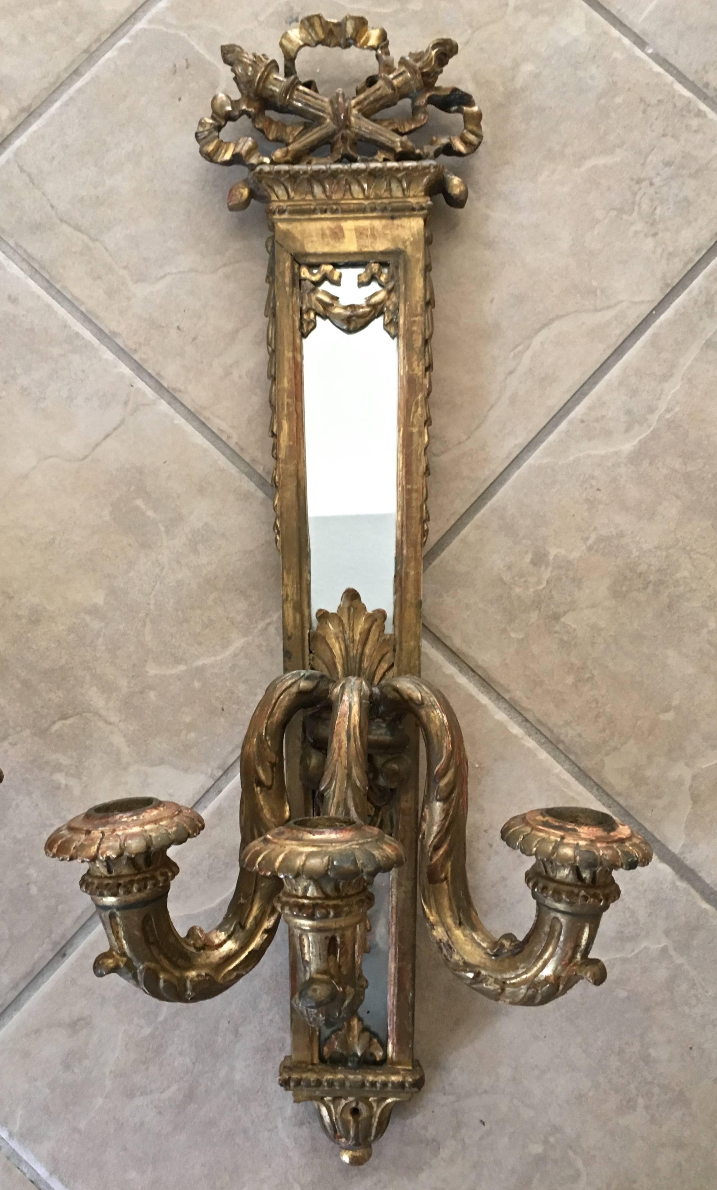 Pair of 19th Century Gilt Louis XVI Candle Mirrored Sconces In Good Condition In Palm Springs, CA