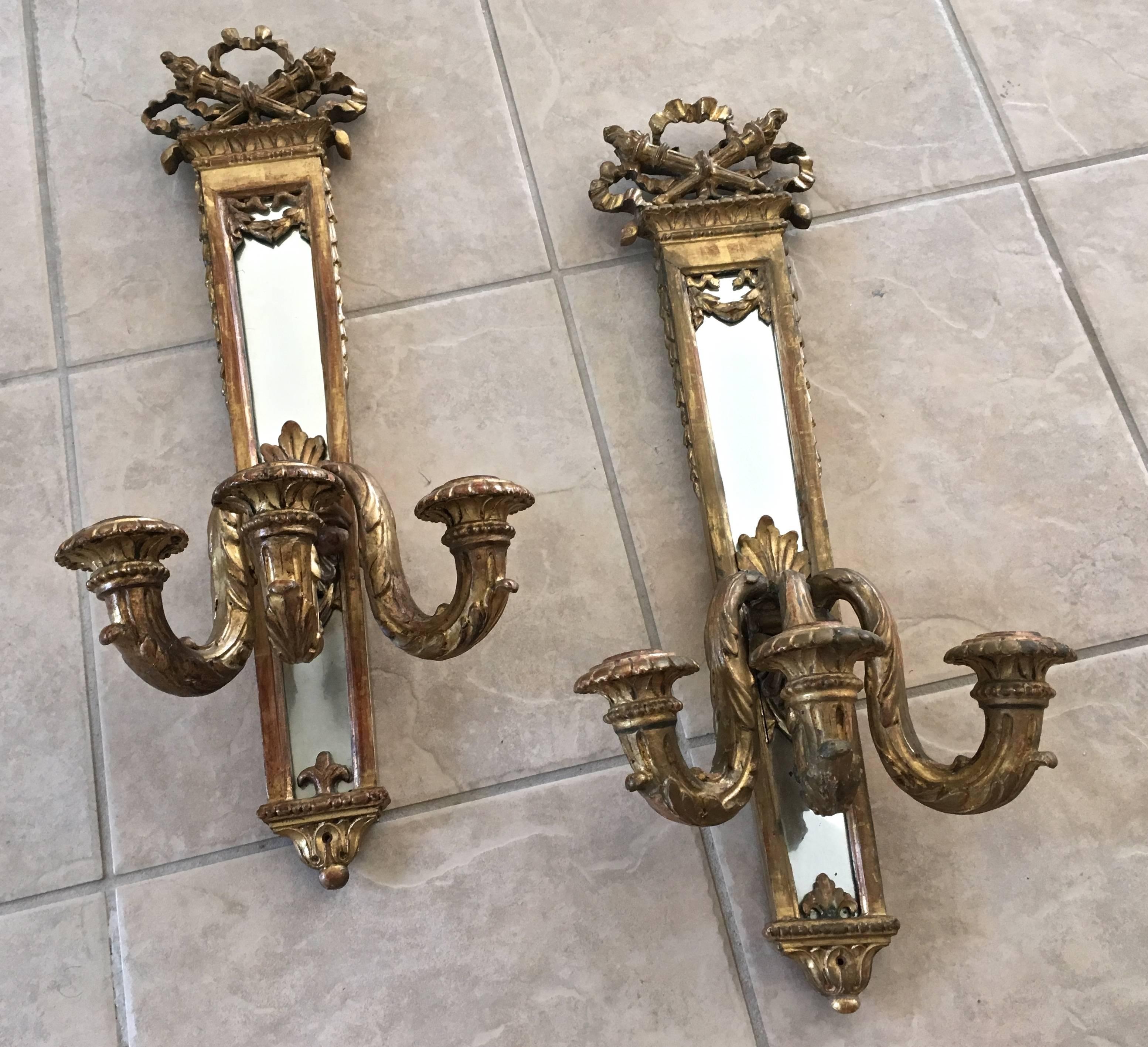 French Pair of 19th Century Gilt Louis XVI Candle Mirrored Sconces
