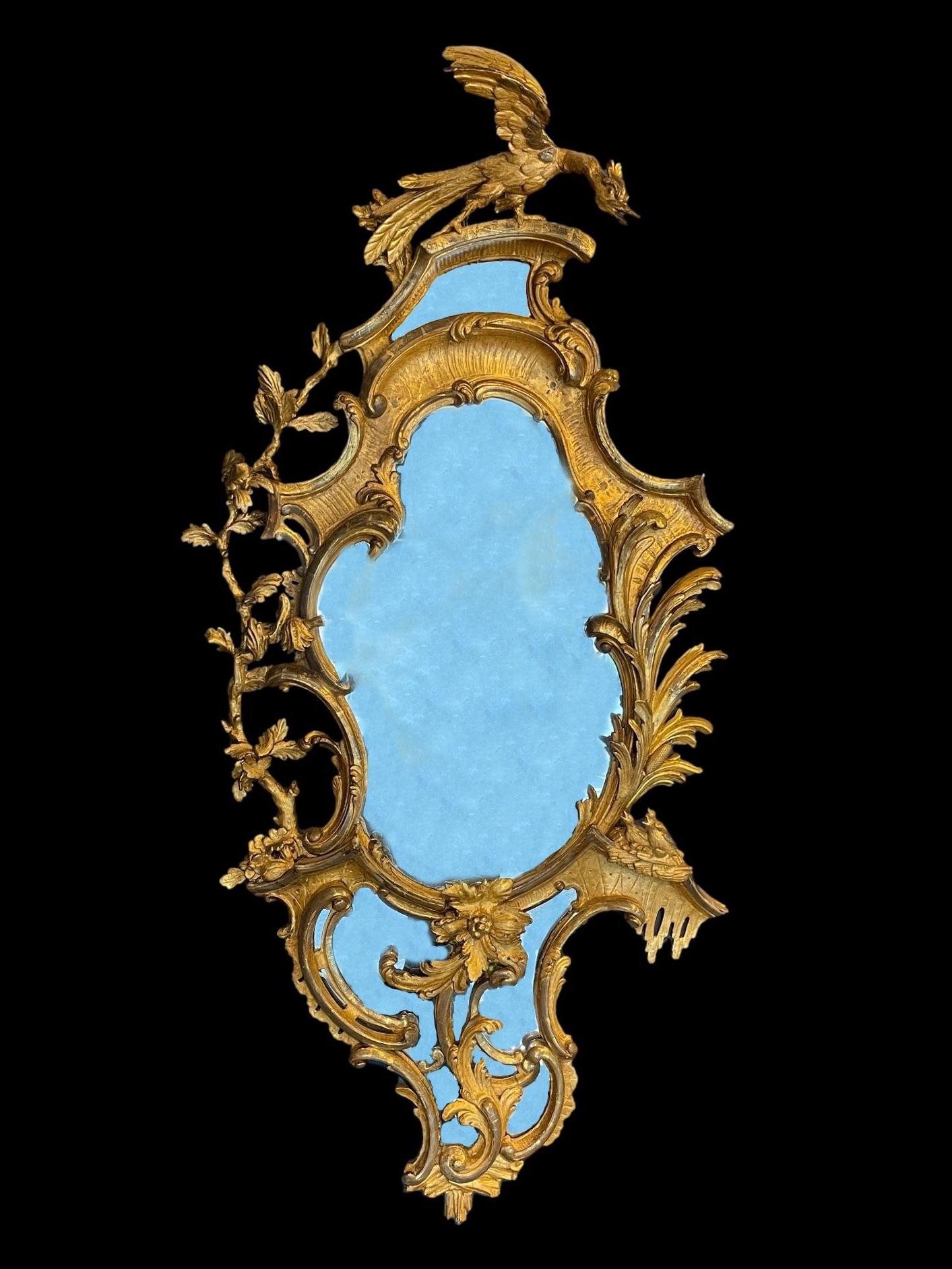 A Pair of mirrors, from Designs in Thomas Chippendale's 'Director'

Constructed in carved gilded softwood, of asymmetrical addorsed form, the mirror plates housed within complex Rococo carving, incorporating 'S' & 'C' scrolls, foliage, and