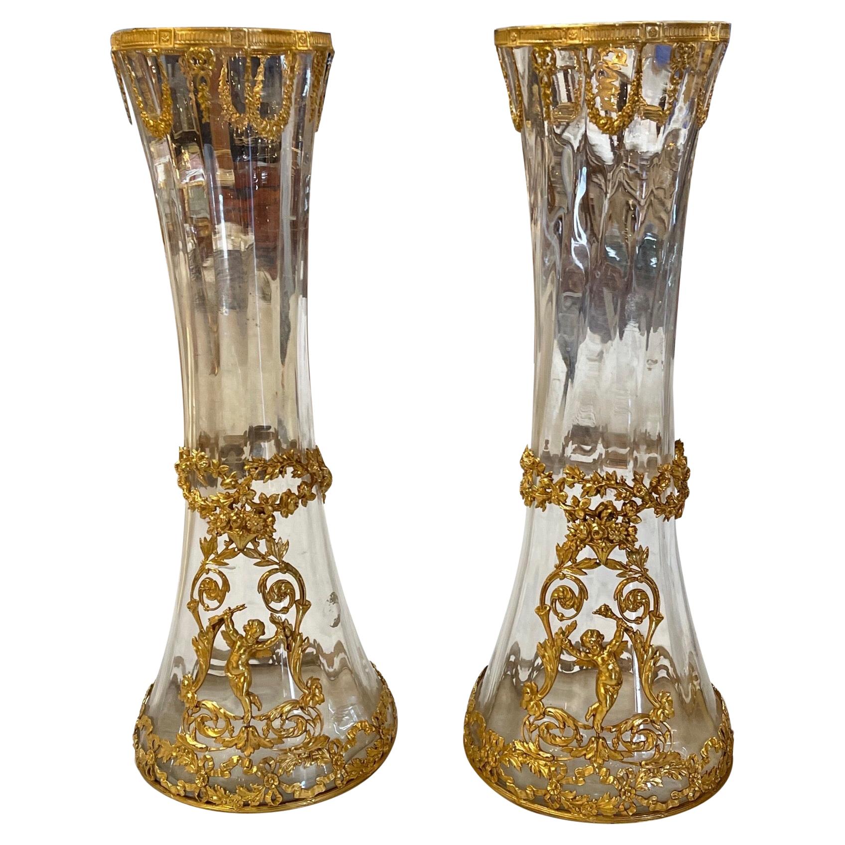 Pair of Glass and Dore Bronze Lidded Vases For Sale at 1stDibs