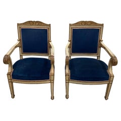 Antique Pair of 19th Century Gold Gilt and Painted Empire Armchairs