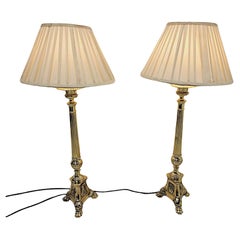 Pair of 19th Century Gothic Brass Candlesticks Converted to Table Lamps