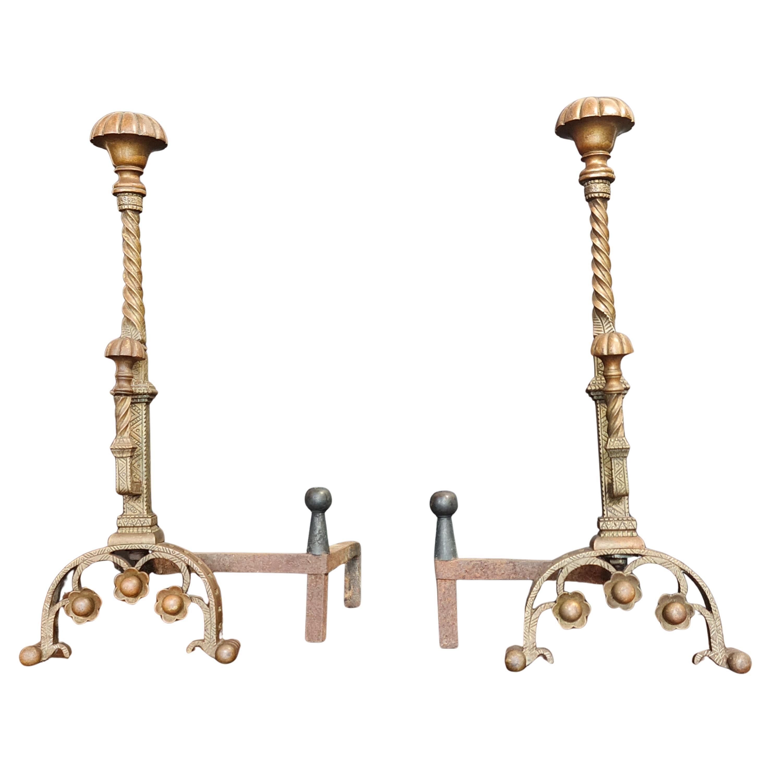 Pair of 19th Century Gothic bronze fire dogs or andirons