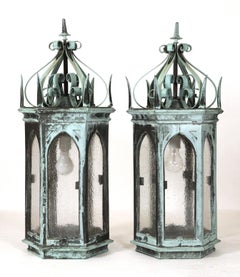 Pair of 19th Century Gothic Bronze Verdigris Lantern Sconces