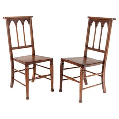 Pair of 19th Century Gothic Ecclesiastical Oak Hall Chairs Arts & Crafts