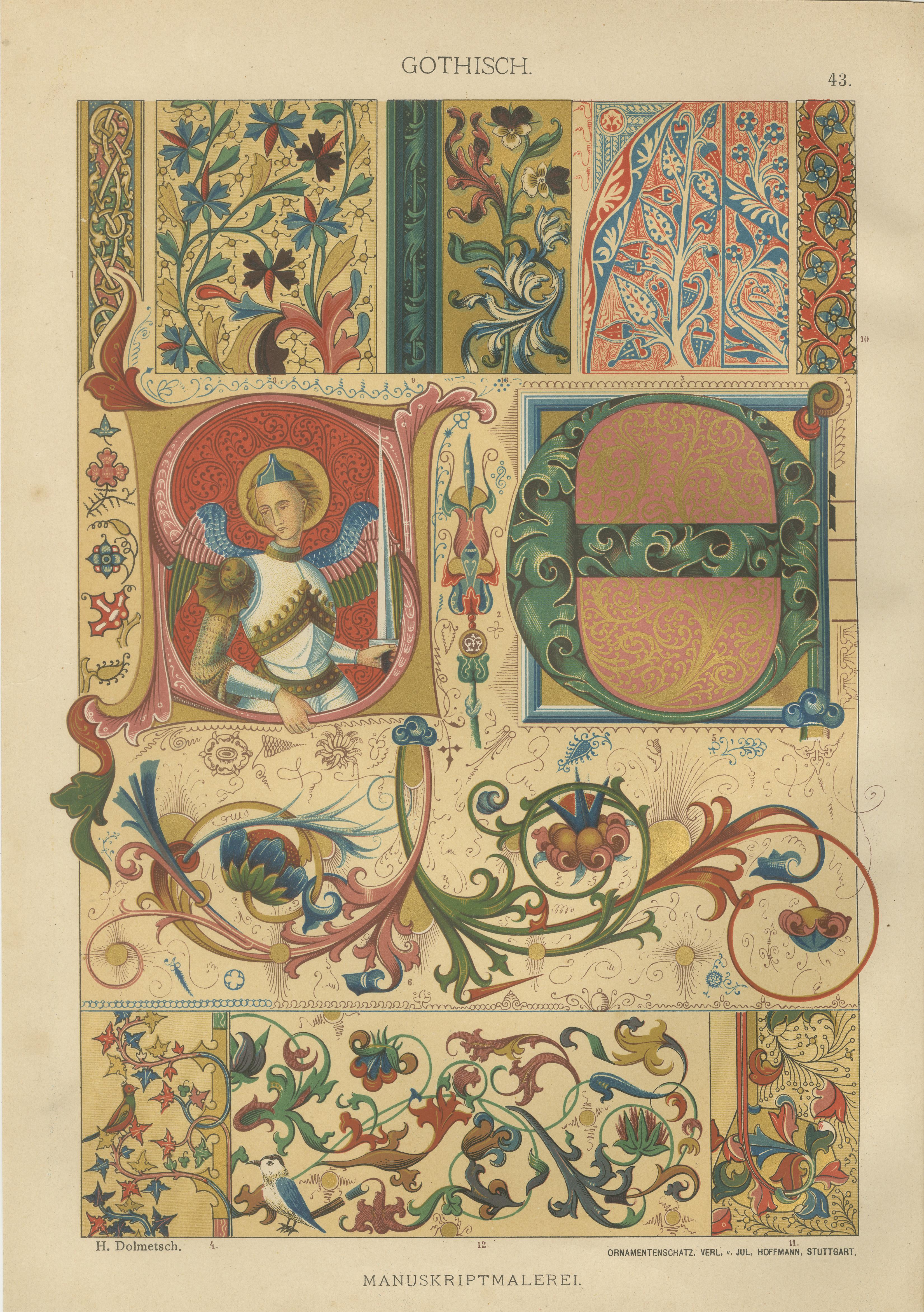 Pair of 19th Century Gothic Illuminated Ornament Prints from Ornamentenschatz

This exquisite pair of original 19th-century chromolithographs showcases the elegance and complexity of Gothic manuscript and mural decoration. Published in Stuttgart by