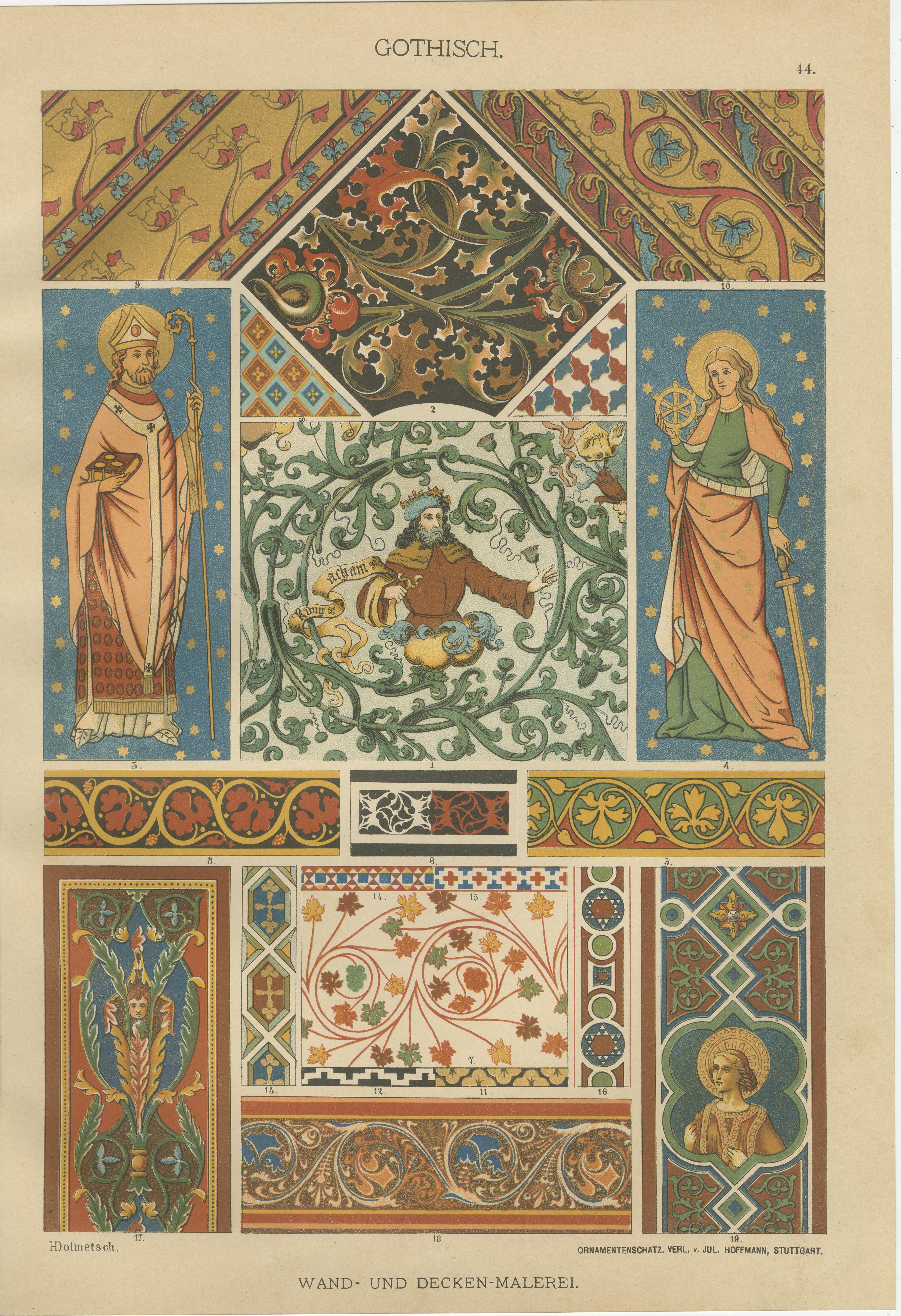 Pair of 19th Century Gothic Illuminated Ornament Prints Published in 1887 In Good Condition For Sale In Langweer, NL