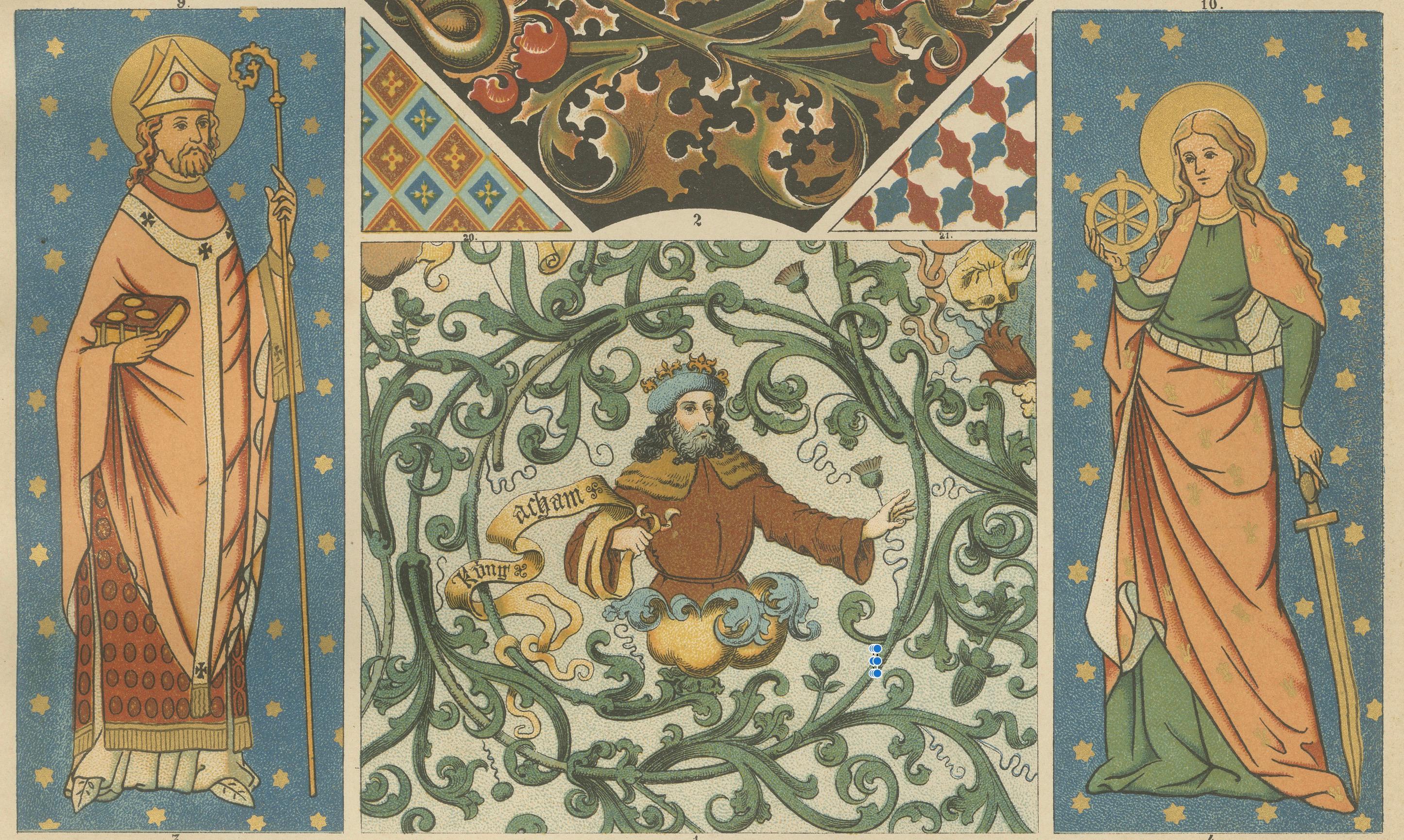Paper Pair of 19th Century Gothic Illuminated Ornament Prints Published in 1887 For Sale