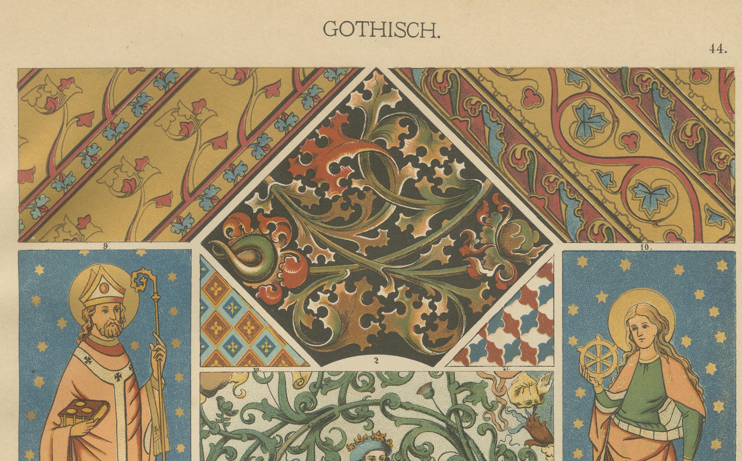 Pair of 19th Century Gothic Illuminated Ornament Prints Published in 1887 For Sale 1