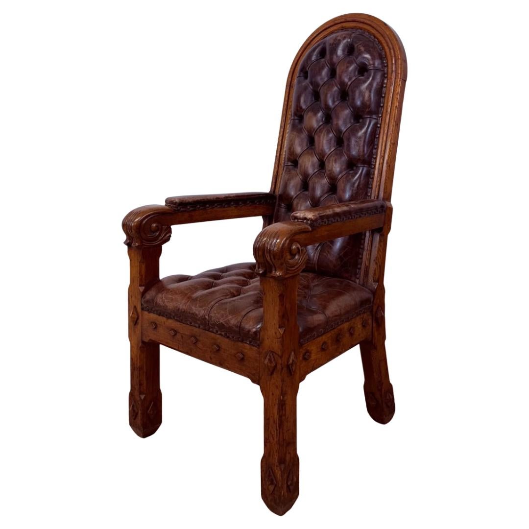 Paar Thronsessel / Sessel aus der Gotik des 19. (Leder) im Angebot